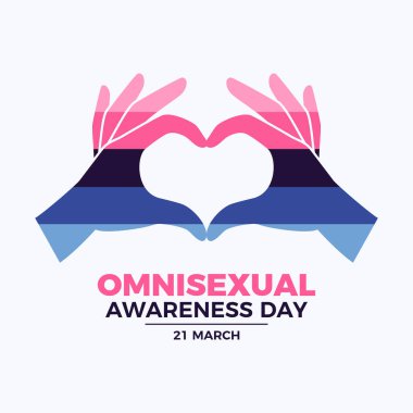 Omniseksüel Farkındalık Günü poster illüstrasyonu. El sevgisi jesti omniseksüel gurur sembolü vektörü. LGBT el tasarım elementini sever. Arkaplan, afiş, kart şablonu. 21 Mart. Önemli bir gün.