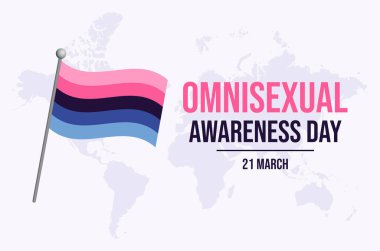 Omnisexual Awareness Day poster vector illustration. Omnisexual waving flag on a pole icon vector. LGBT omnisexual pride flag symbol. Template for background, banner, card. 21 March. Important day clipart