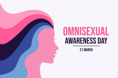 Omniseksüel Farkındalık Günü poster illüstrasyonu. Uzun gökkuşağı saç ikonu olan bir kadın kafası. LGBT omniseksüel gurur sembolü. Arkaplan, afiş, kart şablonu. 21 Mart. Önemli bir gün.