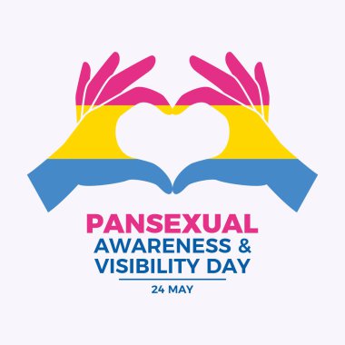 Panseksüel Farkındalık ve Görünürlük Günü poster çizimi. El kalp hareketi panseksüel gurur sembolü. LGBT panseksüel aşk elleri sembolü. Arkaplan, afiş, kart şablonu. 24 Mayıs. Önemli bir gün.