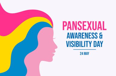 Panseksüel Farkındalık ve Görünürlük Günü poster çizimi. Uzun gökkuşağı saç ikonu olan bir kadın kafası. LGBT panseksüel gurur sembolü. Arkaplan, afiş, kart şablonu. 24 Mayıs. Önemli bir gün.