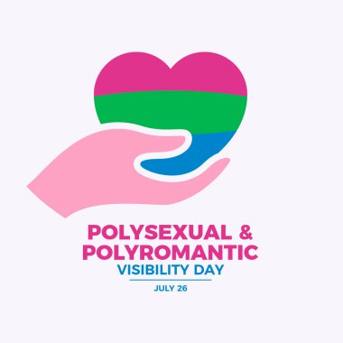 Poliseksüel ve Çoklu Romantik Görüş Günü poster çizimi. El ve kalp ikonu. LGBTQIA çok cinsiyetli aşk sembolü. Poliseksüel grafik tasarım elementi. Arkaplan, afiş, kart şablonu. 26 Temmuz. Önemli bir gün.