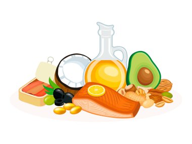 Sağlıklı yağ kaynakları vektör çizimi beyaz arka planda izole edildi. Somon eti, zeytinyağı, avokado, fındık, hindistan cevizi ikonu seti vektörü. Bir yığın sağlıklı taze yiyecek çizimi. Arkaplan, afiş, kart için şablon