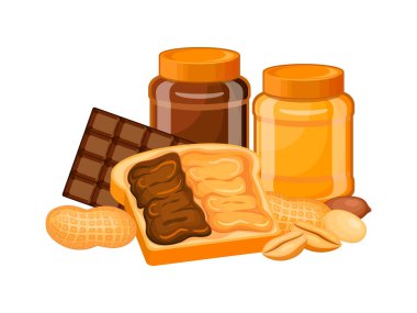 Fıstık ezmesi ve çikolata vektör çizimi. Çikolatalı kızarmış ekmek ve beyaz arka planda fıstık ezmesi ikonu. Fıstık ezmesi kavanozu ve tereyağlı ekmek vektörü. Kabuk çiziminde kızarmış fıstık.