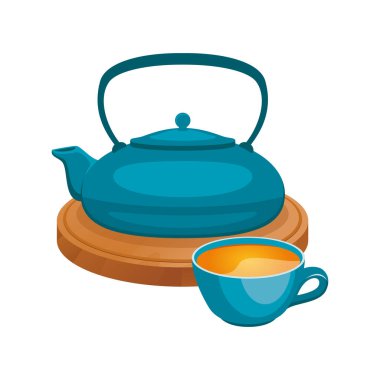 Tahta bir vektör illüstrasyonunda Teal 'asyan çaydanlığı ve çay fincanı. Çay içeceği, çaydanlık ve fincan ikonu beyaz arka planda izole edilmiş. Mavi çaydanlık ve bir fincan çay Ahşap tepside çizim