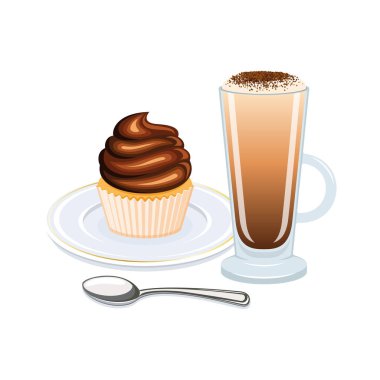 Latte kahve içeceği ve çikolatalı kek vektör çizimi. Sütlü latte ve beyaz arka planda bir tabak ikonu üzerinde çikolatalı kek. Uzun bardakta latte, sapı çizilmiş.