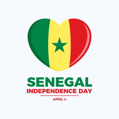 Senegal Bağımsızlık Günü poster çizimi. Kalp şekli ikon vektöründe Senegal bayrağı. Senegal bayrağı aşk sembolü. Arkaplan, afiş, kart şablonu. 4 Nisan. Önemli bir gün.