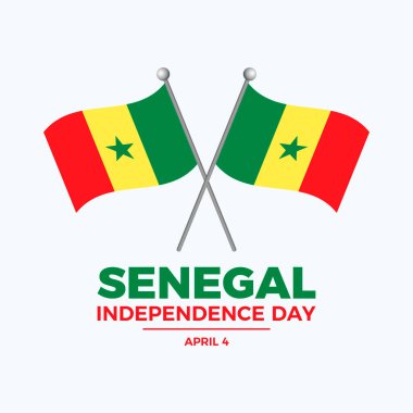 Senegal Bağımsızlık Günü poster çizimi. Direk simgesinde iki tane Senegal bayrağı var. Senegal bayrağını sallayarak. Arkaplan, afiş, kart şablonu. 4 Nisan. Önemli bir gün.