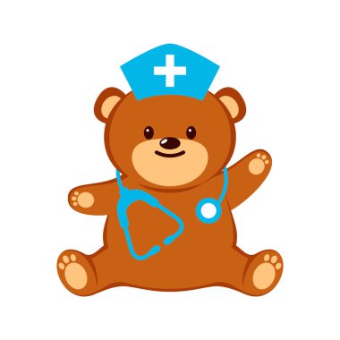 Stetoskop vektör illüstrasyonlu sevimli oturan oyuncak ayı doktoru. Oyuncak ayı doktor ikonu beyaz arka planda izole edilmiş. Mutlu kahverengi tıbbi oyuncak ayı çizgi filmi