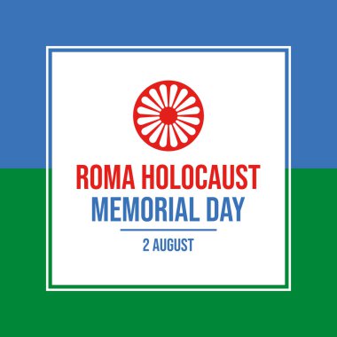 Roman Soykırımı Anma Günü poster illüstrasyonu. Romani bayrağı kare çerçeve vektörü. Soyut Roman halkı sınır sembolü. Arkaplan, afiş, kart şablonu. 2 Ağustos. Önemli bir gün.
