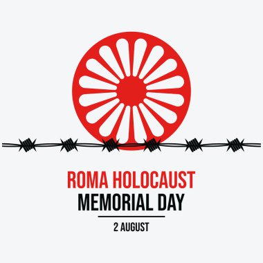 Roman Soykırımı Anma Günü poster illüstrasyonu. Roma bayrağı kırmızı dharmachakra tekerleği ve siyah dikenli tel ikon vektörü. Arkaplan, afiş, kart şablonu. 2 Ağustos. Önemli bir gün.