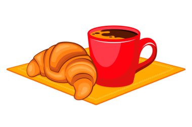 Peçete vektör illüstrasyonunda bir fincan kahve ve kruvasan. Beyaz arka planda izole edilmiş kırmızı kupa ikonunda taze kruvasan ve kahve. Fransız kahvaltı çizimi