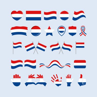 Hollanda bayrak simgesi gri bir arkaplanda izole edilmiş vektör belirledi. Hollanda Bayrağı grafik tasarım elementi. Hollanda sembolleri koleksiyonunun bayrağı. Hollanda bayrak simgelerinin dizisi düz stil