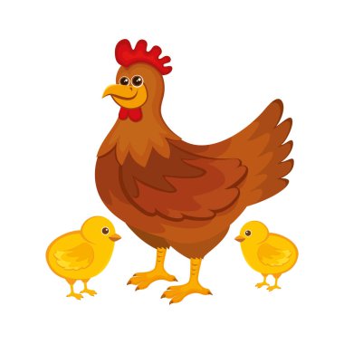 Yavru ikonu olan sevimli tavuk vektör çizimi. Komik tavuk çizgi film karakteri. Mutlu tavuk ve civciv simgesi beyaz bir arka planda izole