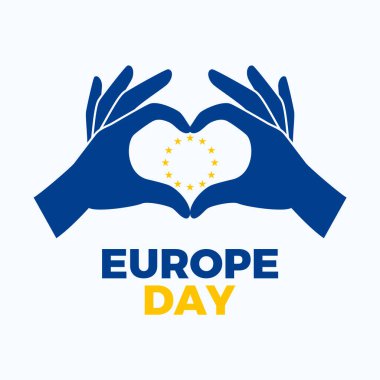 Avrupa Günü afiş illüstrasyonunda Avrupa bayrağı. Avrupa bayrağının el hareketi. Avrupa Birliği Bayrağı bayrak el işareti. Arkaplan, afiş, kart şablonu. Her yıl 9 Mayıs 'ta. Önemli bir gün.