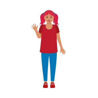 Happy young waving woman with pink hair vector illustration. Cheerful woman with red hair and casual clothes icon isolated on a white background. Smiling girl with pink hair front view cartoon