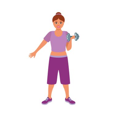 Dambıl vektör illüstrasyonuyla egzersiz yapan mutlu genç bir kadın. Mor spor elbiseli zayıf kadın beyaz arka planda izole edilmiş. Gülümseyen fitness kızı çizgi filmi
