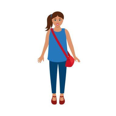 Kırmızı el çantası vektör çizimi olan sıradan giyinmiş mutlu genç bir kadın. Mavi kolsuz tişörtlü neşeli bir kadın ve beyaz arka planda izole edilmiş kot pantolon ikonu. Gülümseyen kız, karikatür önünde duruyor.
