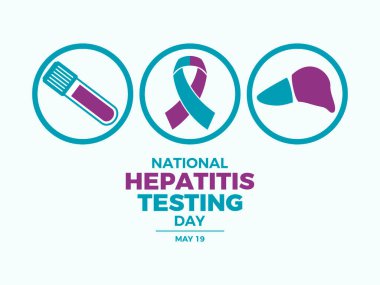 Ulusal Hepatit Test Günü poster çizimi. Teal ve mor farkındalık kurdelesi ve karaciğer ikonu vektörü. Arkaplan, afiş, kart şablonu. Her yıl 19 Mayıs. Önemli bir gün.