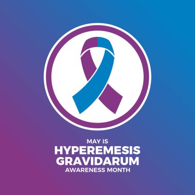 May, Hyperemesis Gravidarum Farkındalık Ayı poster çizimi. Mor mavi farkındalık kurdele ikonu bir daire içinde. Arkaplan, afiş, kart şablonu. Önemli bir gün.