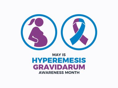 May, Hyperemesis Gravidarum Farkındalık Ayı poster çizimi. Hamile kadın ve mor mavi farkındalık kurdele ikonu seti. Arkaplan, afiş, kart şablonu. Önemli bir gün.