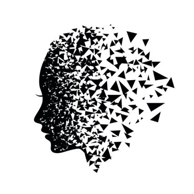 Parçalanmış kadın kafası ve soyut vektör çizimi. Akıl hastalığı sembolü olan bir kadın. Beyaz arka planda izole edilmiş depresyon ikonu olan bir insan. Parçalanmış dissosiyatif kimlik bozukluğu simgesi olan kişi