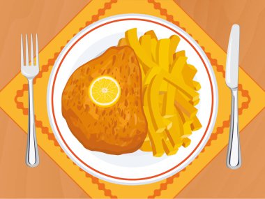 Üst tabakta kızarmış şnitzel ve patates kızartması. Manzara vektörünün üstündeki ahşap masada kızarmış biftek. Tabağa çizilmiş tavuk pirzolası