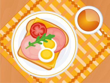 Üst tabakta jambonlu, yumurtalı ve peynirli sandviç. Manzara vektörünün üstündeki ahşap masada kızarmış ekmek ve çay. Kahvaltı masanın üstünde çiziliyor.