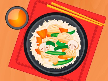 Tavuklu pilav ve sebzeler üst tabakta, vektör illüstrasyonunda. Manzara vektörünün üstündeki ahşap masada pirinçli et ve bir fincan çay. Masadaki Asya yemeği çizimi.