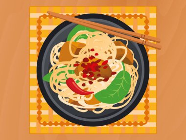 Üst tabakta et ve sebzeli erişte, vektör illüstrasyonunda. Erişteli doğranmış et ve sıcak biber. Manzara vektörünün üstündeki ahşap masada. Masadaki Asya yemeği çizimi.