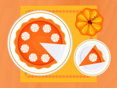 Üst tabakta krem şantili balkabağı turtası ve vektör çizimi. Balkabağı turtası ahşap bir masada, görüş vektörünün üstünde. Pasta masanın üstünde.