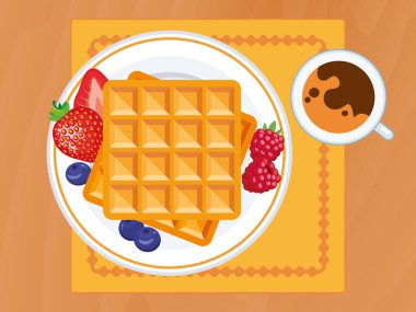 Tabakta gözleme ve bir fincan kahve. Üst görünüm vektör çizimi. Manzara vektörünün üstündeki tahta masada böğürtlen meyveli waffle. Masadaki tatlı kahvaltı çizimi