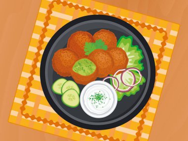Falafel ve dip sosu tabağın üstünde vektör illüstrasyonunda. Falafel ve sebze garnitürü, görüş vektörünün üstündeki ahşap masada. Orta doğu kızartılmış nohut topları masanın üzerinde çizim yapıyor.