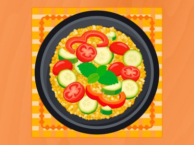 Üst görünüm vektör illüstrasyonunda inci kuskus salatası. Domatesli kuskus salatası yiyeceği, salatalık, ahşap masa üzerinde biber. Sebzeli kuskus salatası.