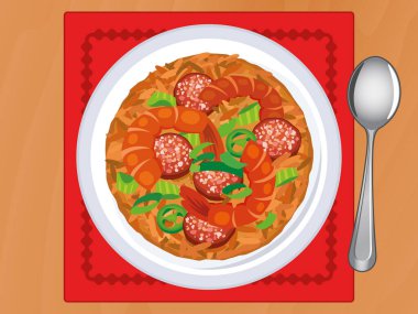 Jambalaya savory rice dish with shrimp and sausage top view vector illustration. Jambalaya one-pot dish with rice, meat and vegetables on a wooden table above view vector. Jambalaya on the table drawing
