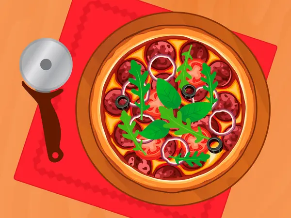 Tahta tabakta salamlı pizza. Üst görünüm vektör illüstrasyonu. Pepperoni pizza ve masanda keski var. Salamlı pizza, zeytin, domates ve roka.