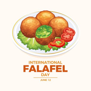 Uluslararası Falafel Günü poster çizimi. Falafel ve sebze garnitürü bir tabak vektöründe. Orta doğu kızartılmış nohut topları çiziyor. 12 Haziran. Önemli bir gün.