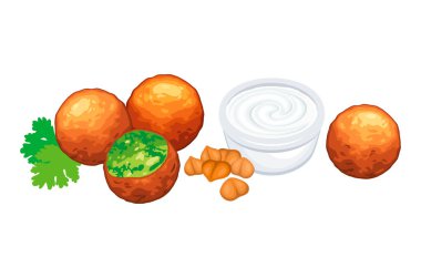 Falafel ve sos ikonu vektörü. Nohut köftesi, yoğurt sosu ve beyaz arka planda izole edilmiş maydanoz ikonları. Orta doğu kızartılmış nohut topları çizimi