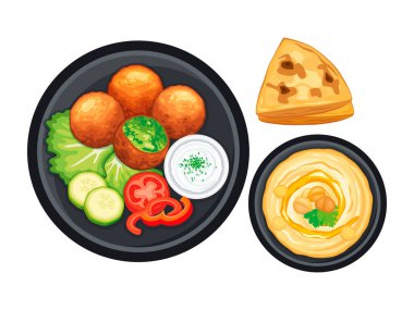 Falafel, humus, pide ekmeği ve üst görüntü vektör illüstrasyonunu süsleyin. Falafel ve humus ikonu beyaz arka planda izole edildi. Tabakta kızartılmış nohut topları.