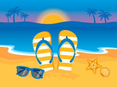 Parmak arası terlik, güneş gözlüğü ve deniz yıldızı çizimi olan bir plaj. Yaz arkaplanı, plaj çizimlerinde parmak arası terlikler. Tropik tatil ve seyahat konsepti