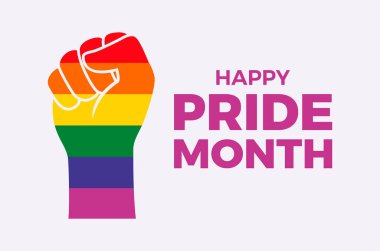 Renkli el kaldırılmış yumruk vektörü illüstrasyonlu Mutlu Gurur Ayı posteri. Yumruk ikonuyla gökkuşağı eli. LGBTQ tasarım elemanı. Gurur bayrağı yumruk vektörü. LGBTQIA Onur Ayı sembolü. Önemli bir gün.