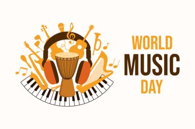 Dünya Müzik Günü veya Fete de la Musique poster illüstrasyonu. Farklı müzik aletleri vektörleri. Arkaplan, afiş, kart şablonu. 21 Haziran. Önemli bir gün.