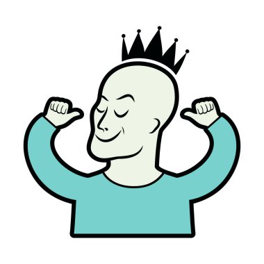 Baş vektör illüstrasyonunda tacı olan kendini beğenmiş bir adam. Çizgi film tarzında narsist bir insan. Bencil adam ikonu beyaz bir arkaplanda izole edilmiş. Kibirli adam komik karikatür çizimi