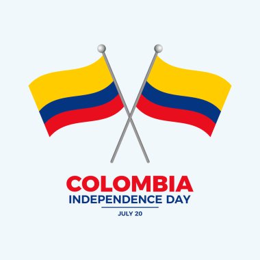 Kolombiya Bağımsızlık Günü poster çizimi. İki çapraz Kolombiya bayrağı bir direk simgesinde. Kolombiya bayrağı sallıyor. Arkaplan, afiş, kart şablonu. Her yıl 20 Temmuz 'da. Önemli bir gün.