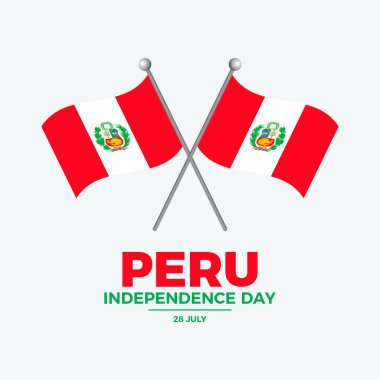 Peru Bağımsızlık Günü poster çizimi. Direk simgesinde iki çapraz Peru bayrağı. Peru sembolü dalgalanan bayrak. Arkaplan, afiş, kart şablonu. Her yıl 28 Temmuz. Önemli bir gün.