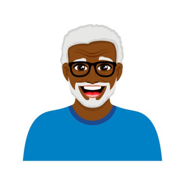 Sakal vektörü çizimi olan mutlu bir Afro-Amerikan ihtiyarın portresi. Gülümseyen sakallı yaşlı zenci adam ikonu beyaz bir arka planda izole edildi. Gri saçlı, çizgi film tarzı neşeli, yakışıklı, yaşlı, etnik bir adam.