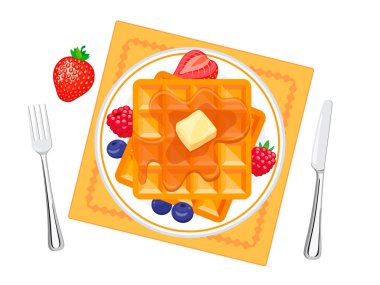 Tereyağlı, şuruplu ve meyveli gözleme vektör çizimi. Beyaz arka planda izole edilmiş bir tabak ikonu seti üzerindeki tatlı kare waffle 'lar. Böğürtlen ve tereyağlı waffle tabakta