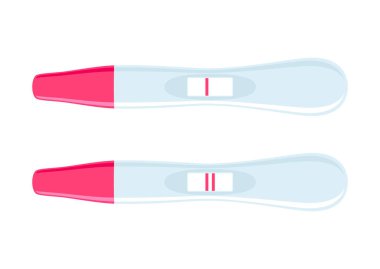 Bir ve iki çizgi vektör illüstrasyonlu hamilelik testi. Pembe hamilelik testi ikonu beyaz arka planda izole edildi. Hamilelik testi pozitif ve negatif.