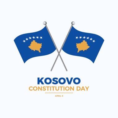 Kosova Anayasa Günü poster illüstrasyonu. Bir kutup ikonu vektöründe iki Kosova bayrağı geçti. Kosova bayrak işareti sallıyor. Arkaplan, afiş, kart şablonu. Her yıl 9 Nisan 'da. Önemli bir gün.