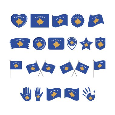 Kosova bayrağı beyaz zemin üzerinde izole edilmiş bir vektör belirledi. Kosova Bayrağı grafik tasarım unsuru. Kosova bayrağının simgeleri düz. Kosova sembolleri koleksiyonu